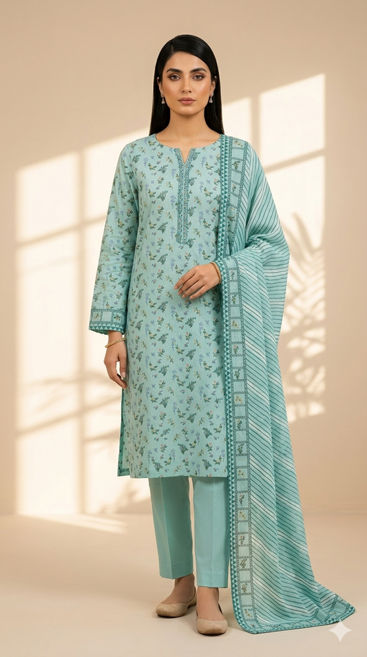 Mint Blossom Printed Lawn 3-Piece Suit with Striped Dupatta