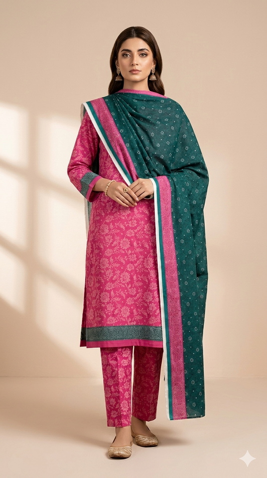 Pink Suit with Contrast Green Dupatta