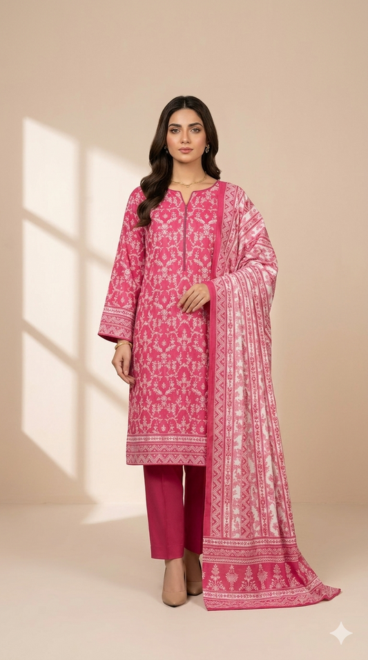 Rose Blossom Pink 3-Piece Printed Lawn Suit with Dupatta