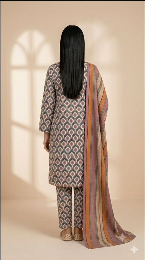 Bohemian Mosaic Printed 3-Piece Lawn Suit with Striped Dupatta