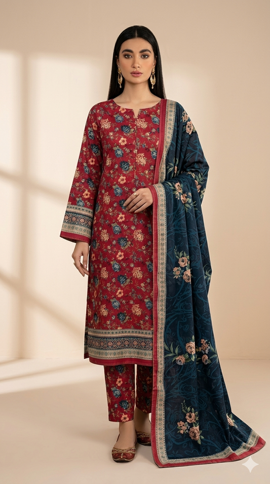 Crimson Red Suit with Navy Blue Dupatta