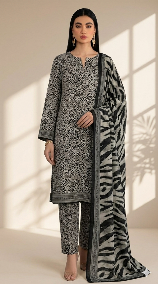 Elegant Monochrome Printed Lawn 3-Piece