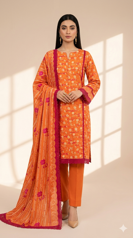 Sunset Bloom Orange 3-Piece Printed Lawn Suit with Dupatta