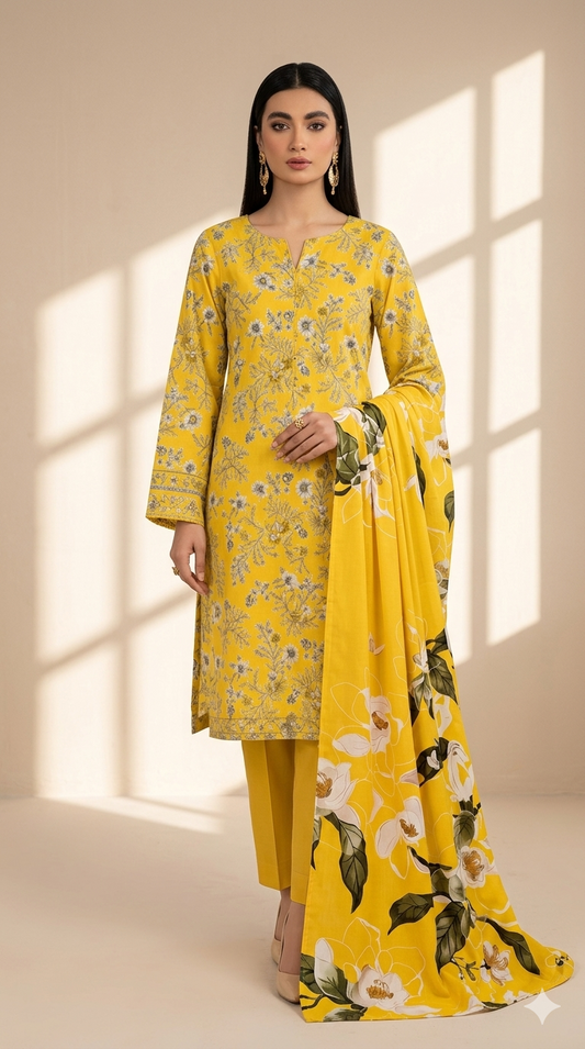 Sunshine Bloom Printed Lawn 3-Piece Suit with Statement Floral Dupatta