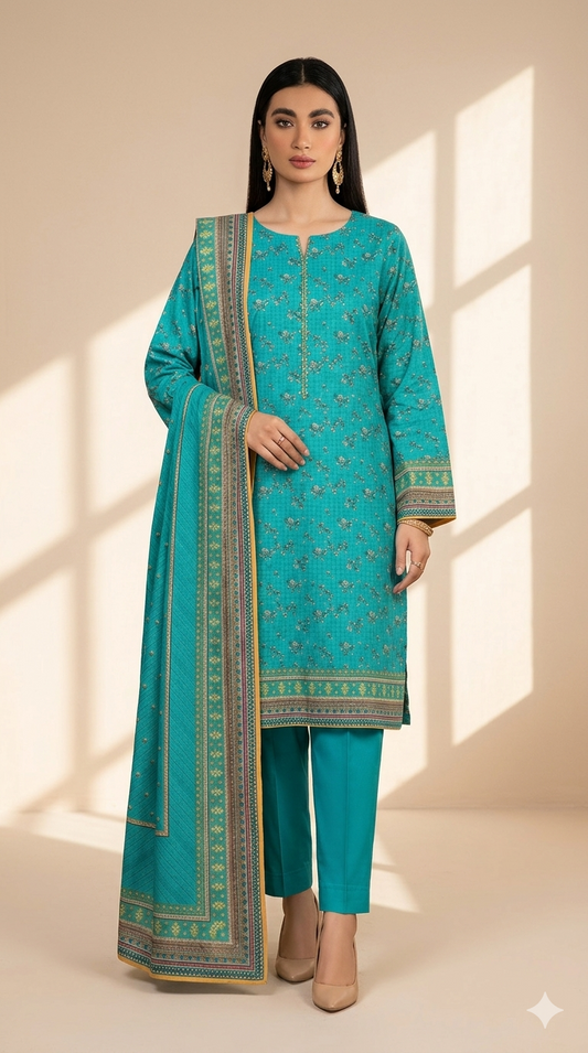 Teal Blue Printed Traditional Suit