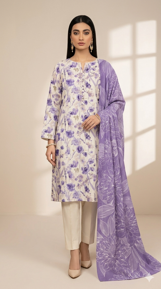 Lavender Meadow Printed Lawn 3-Piece Suit with Floral Dupatta