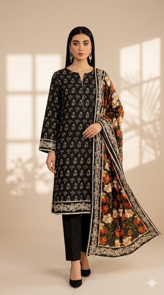 Midnight Blossom Printed Lawn 3-Piece Suit with Floral Dupatta