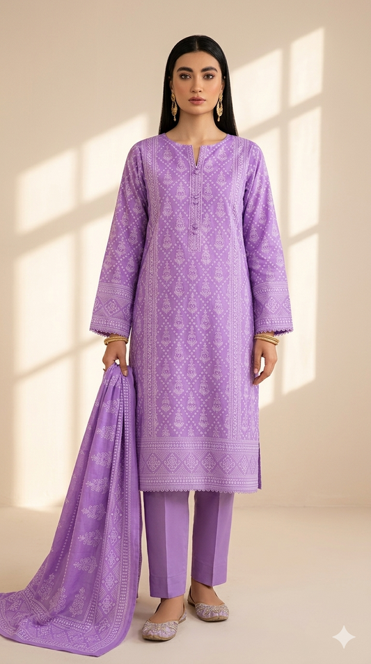 Lavender Grace Printed Lawn 3-Piece Suit with Matching Dupatta