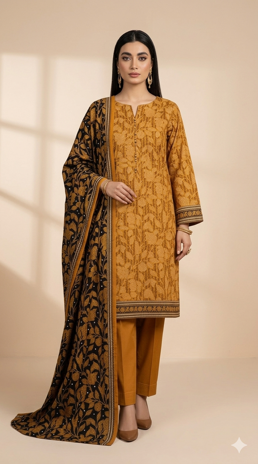 Golden Harvest Mustard 3-Piece Printed Lawn Suit with Floral Dupatta