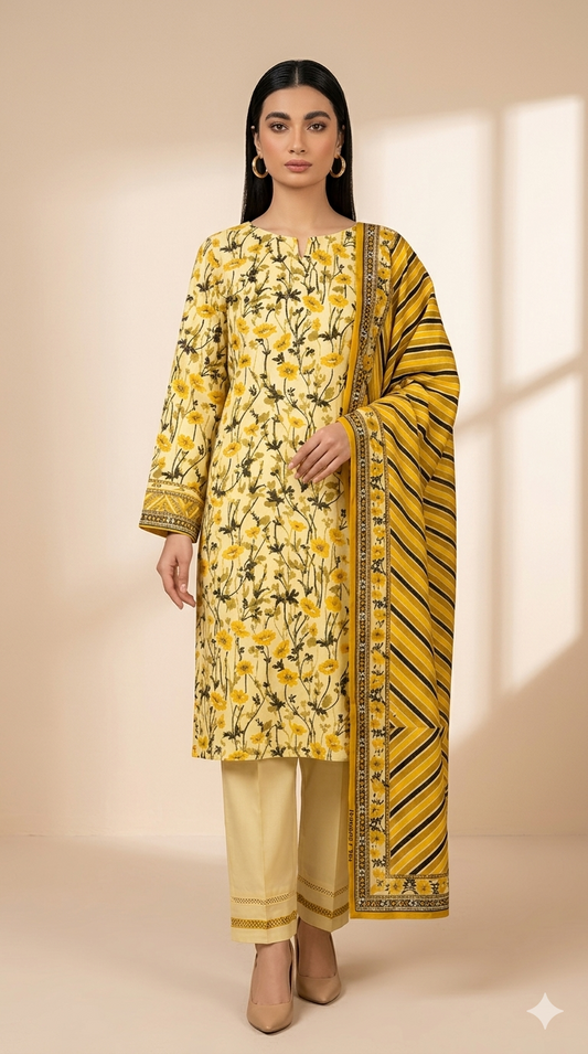 Sunlit Meadow Yellow Printed Lawn Suit