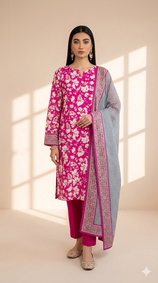 Fuchsia Bloom Printed Lawn 3-Piece Suit with Chevron Dupatta