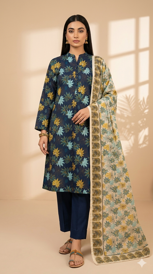 Midnight Bloom Printed Lawn 3-Piece Suit with Floral Dupatta