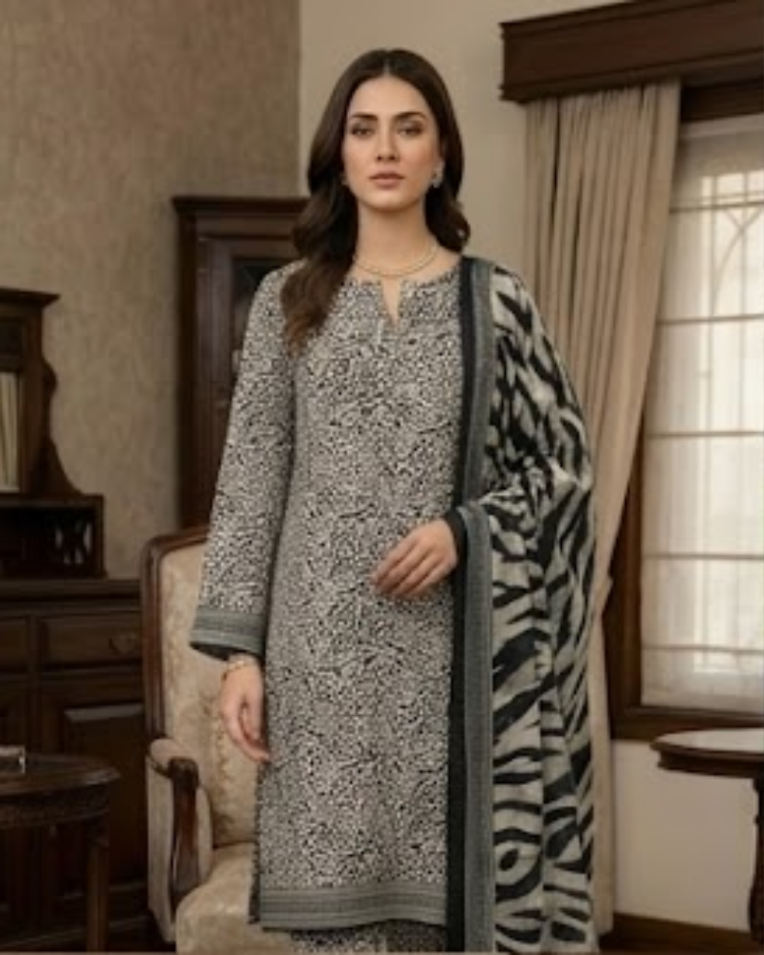 Elegant Monochrome Printed Lawn 3-Piece