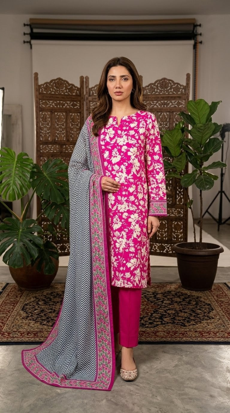 Fuchsia Bloom Printed Lawn 3-Piece Suit with Chevron Dupatta