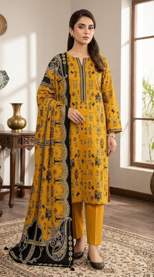 Golden Onyx – Rich Mustard Yellow 3-Piece Printed Suit with Bold Black Paisley Dupatta