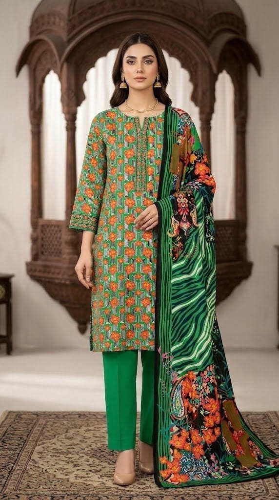 Wild Meadow – Leaf Green & Orange Geometric 3-Piece Printed Suit