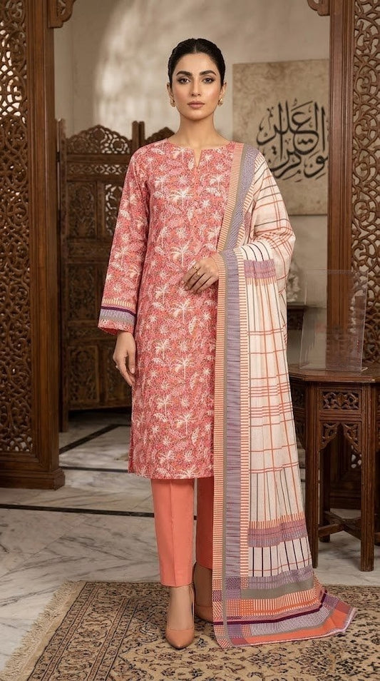 Coral Palms – Soft Peach Tropical Print 3-Piece Suit with Grid-Check Dupatta