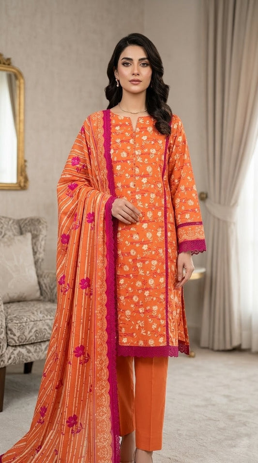 Tangerine Fizz – Vibrant Orange & Magenta 3-Piece Embroidered Lawn Suit