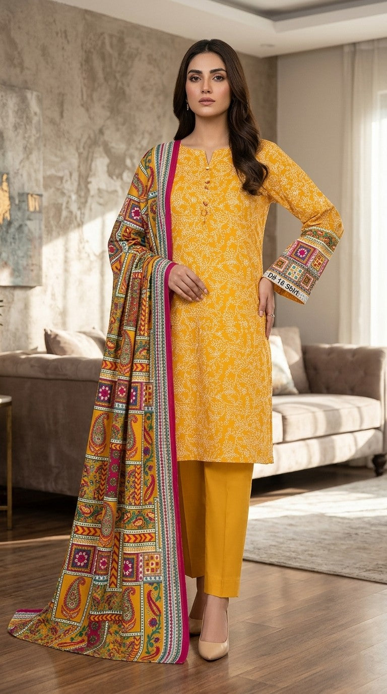 Sunlit Paisley – Golden Mustard 3-Piece Suit with Ornate Multi-Color Dupatta