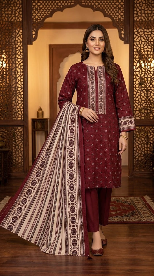 Crimson Heritage – Rich Burgundy & Cream 3-Piece Geometric Print Suit