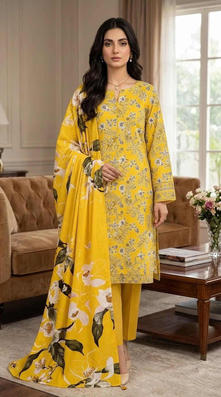 Magnolia Sun – Bright Sunshine Yellow & White 3-Piece Floral Printed Suit