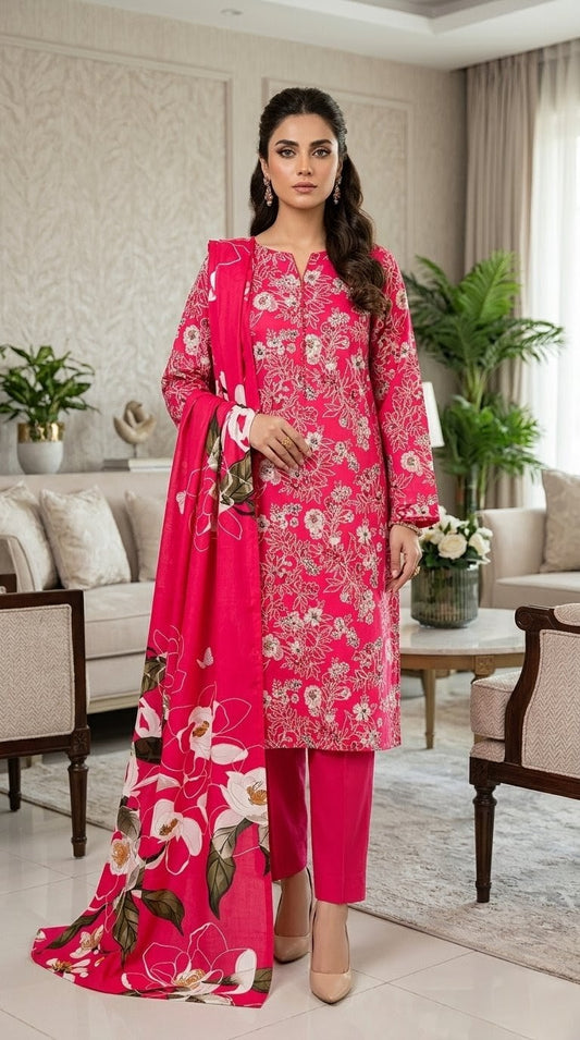 Fuchsia Bloom – Vibrant Pink & White 3-Piece Floral Lawn Suit
