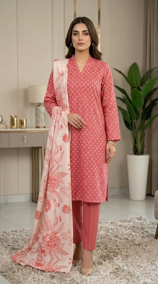 Coral Lattice – Dusty Salmon Pink 3-Piece Suit with Terracotta Floral Dupatta