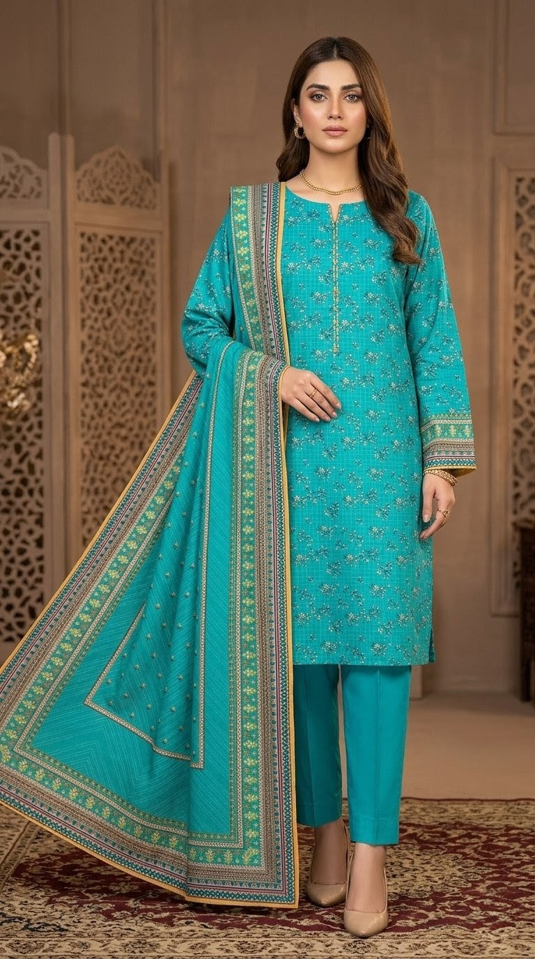 Teal Oasis – Deep Turquoise 3-Piece Printed Suit with Antique Gold Borders