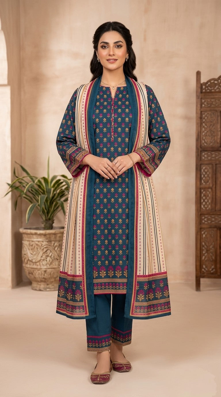 Peacock Muse – Deep Teal Blue 3-Piece Suit with Vertical Striped Panel Dupatta