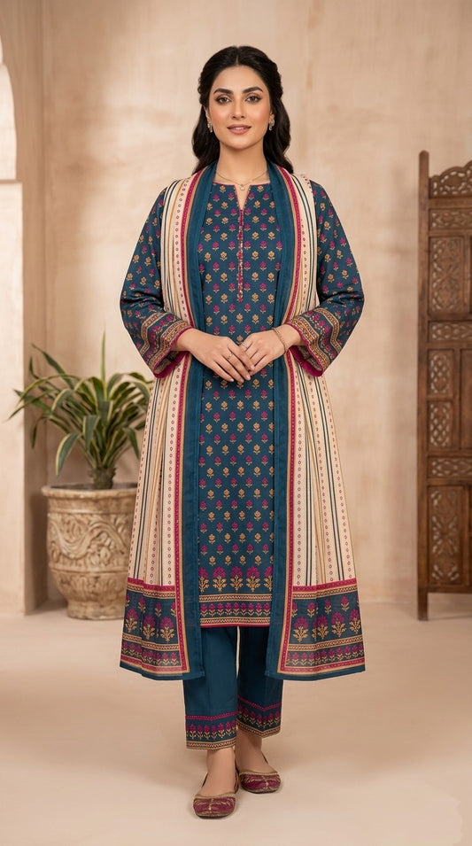 Peacock Muse – Deep Teal Blue 3-Piece Suit with Vertical Striped Panel Dupatta