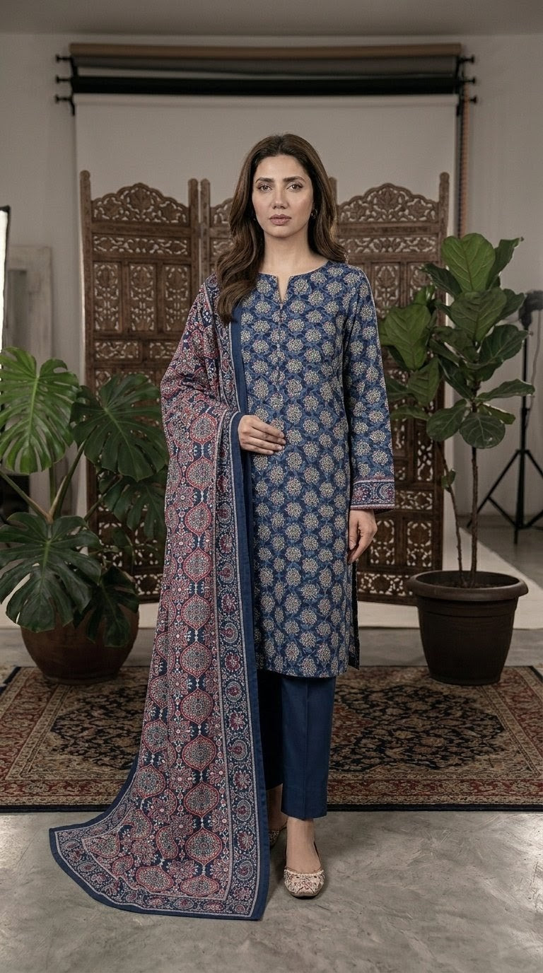 Indigo Heritage – Slate Blue 3-Piece Printed Suit with Crimson & Cream Mandala Dupatta
