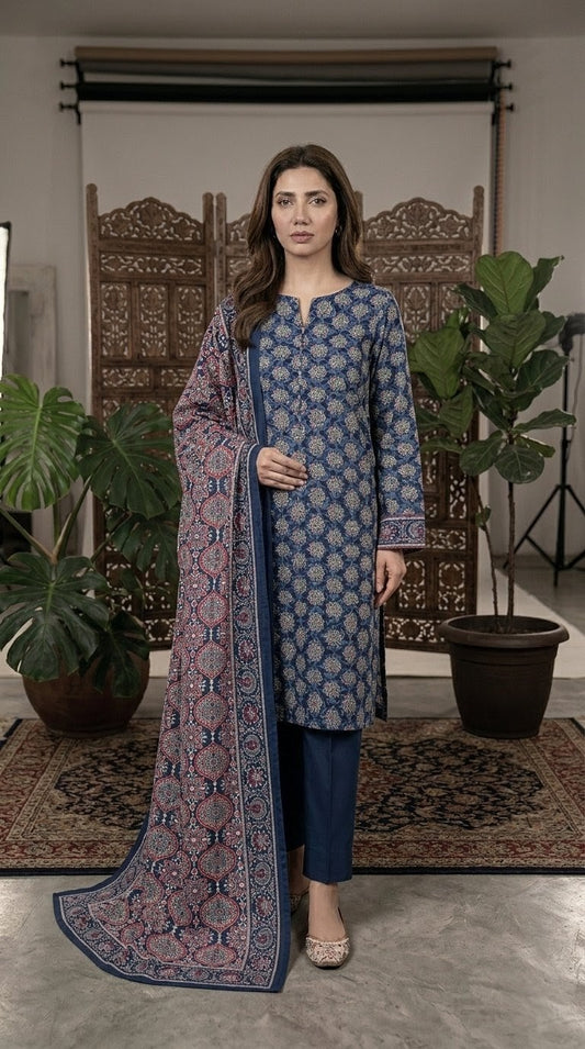 Indigo Heritage – Slate Blue 3-Piece Printed Suit with Crimson & Cream Mandala Dupatta