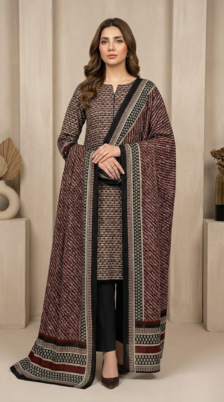 Espresso Earth – Deep Textured Brown 3-Piece Suit with Crimson Striped Dupatta