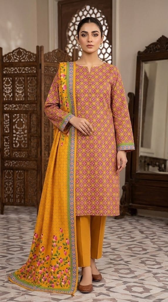 Marigold Blossom – Magenta Lattice 3-Piece Suit with Mustard Yellow Floral Dupatta