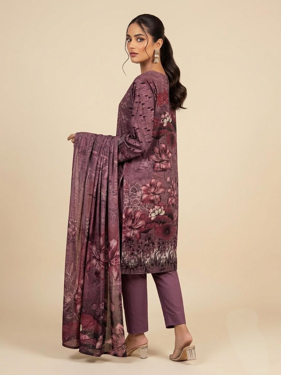 Mauve Floral Embroidered 3-Piece Unstitched Suit