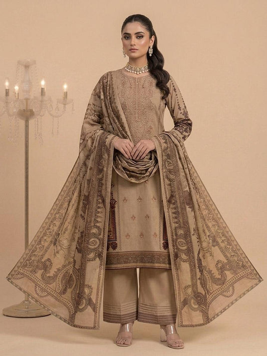 Mocha Beige Embroidered 3-Piece Unstitched Suit