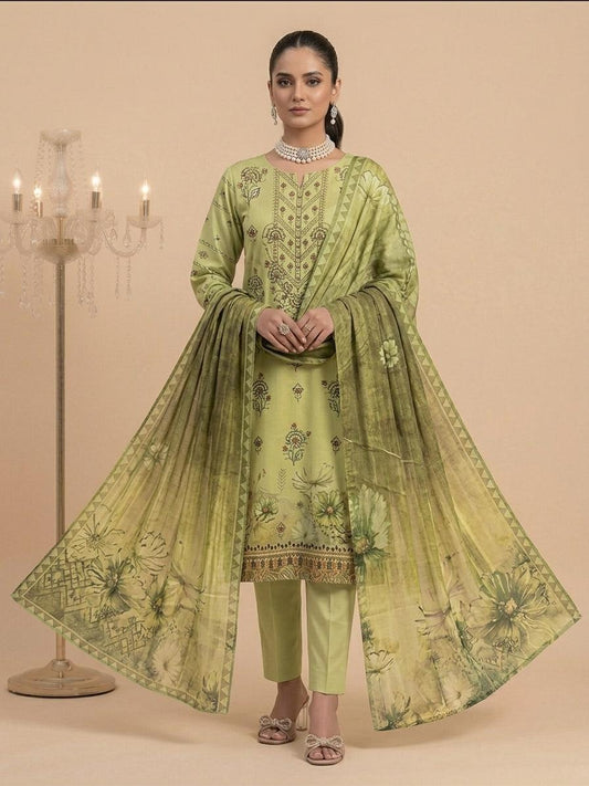 Olive Green Embroidered 3-Piece Unstitched Suit