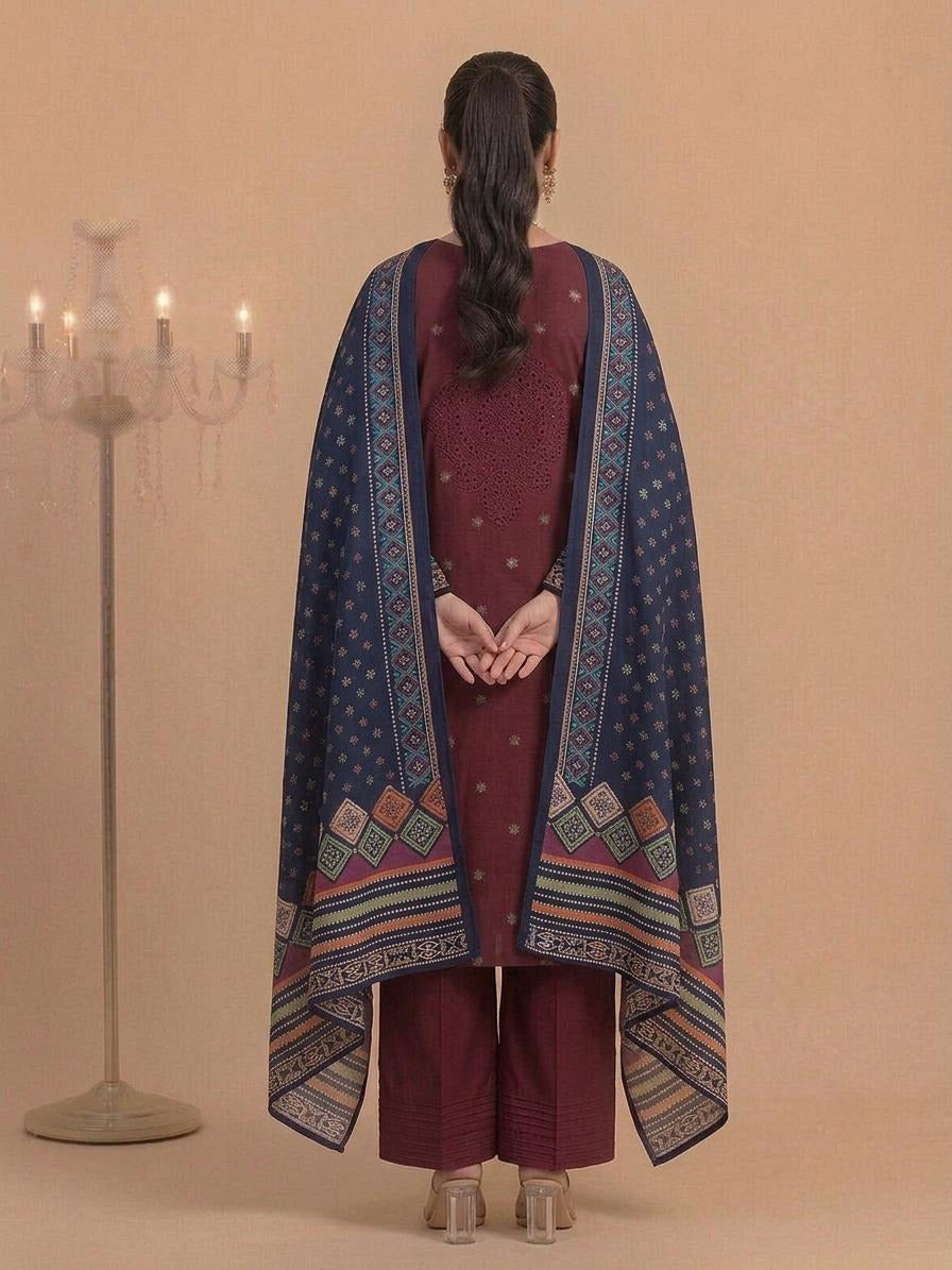Maroon Embroidered Printed 3-Piece Unstitched Suit