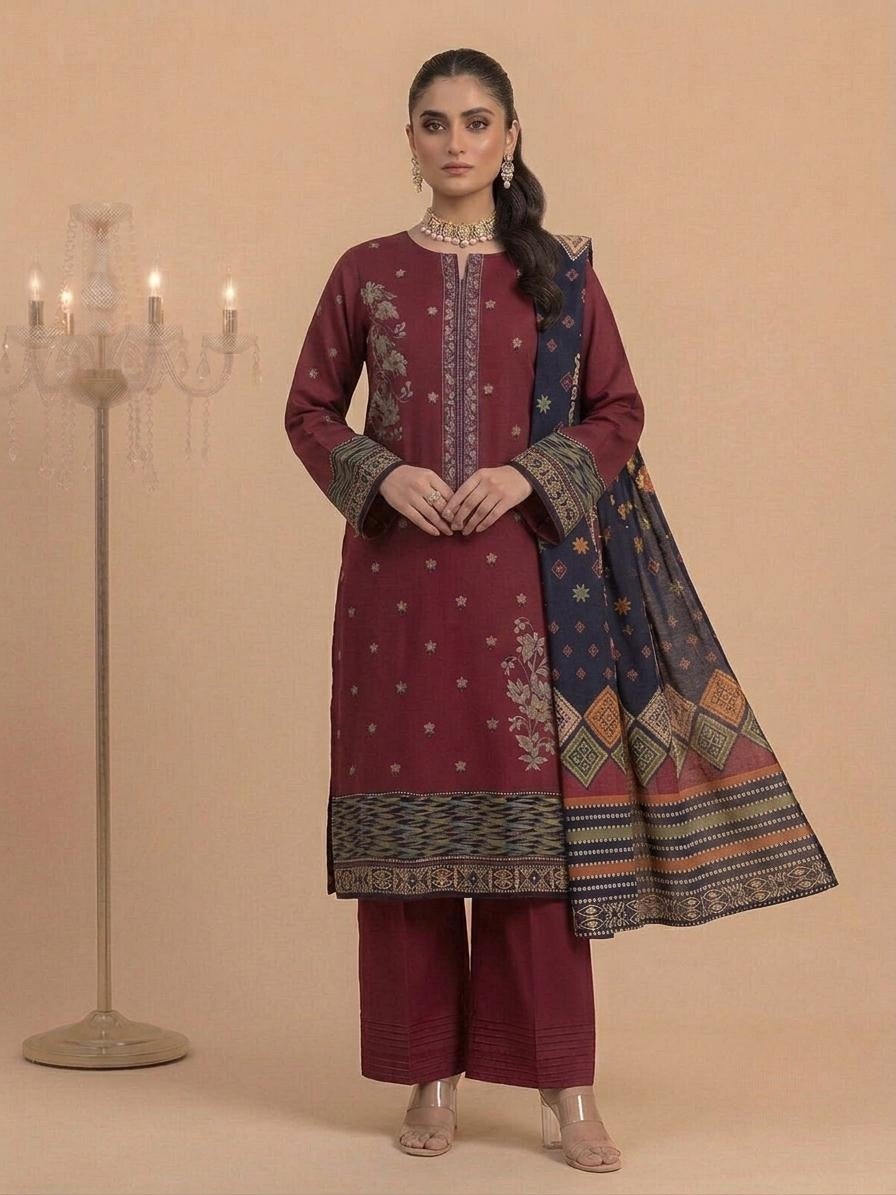 Maroon Embroidered Printed 3-Piece Unstitched Suit