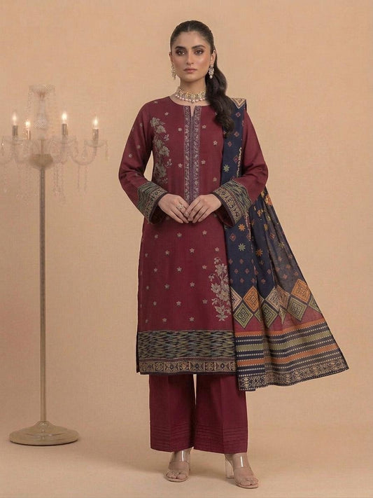 Maroon Embroidered Printed 3-Piece Unstitched Suit
