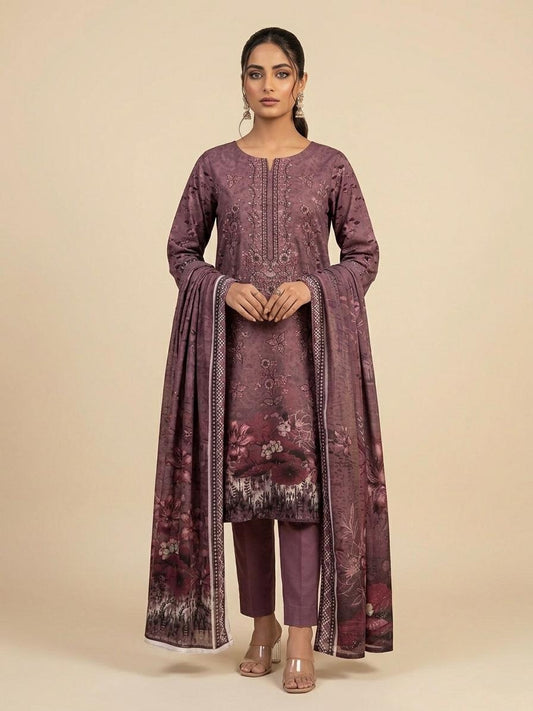 Mauve Floral Embroidered 3-Piece Unstitched Suit