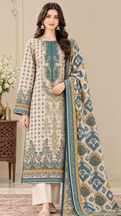 Beige Printed 3-Piece Suit