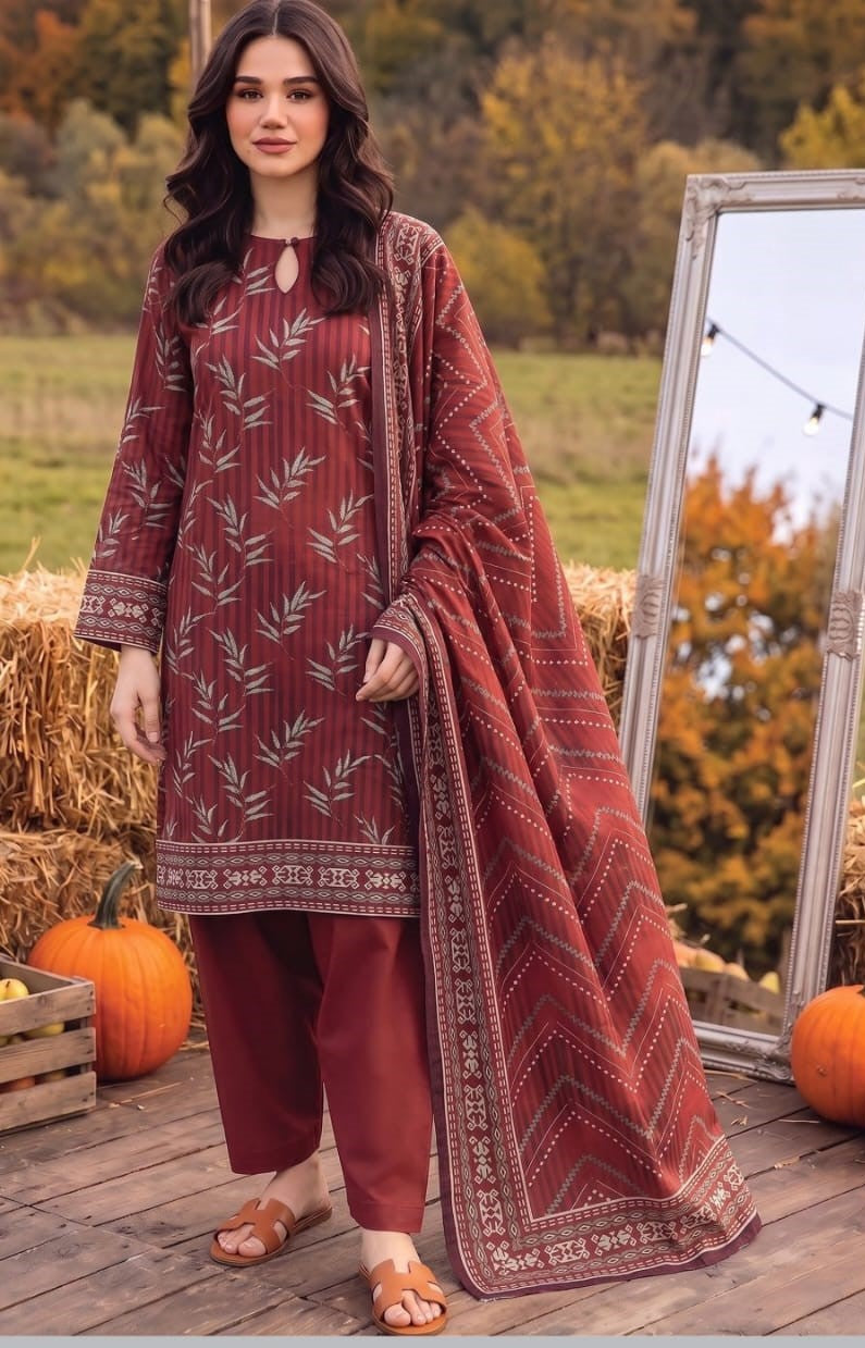 Maroon Geometric Linen 3-Piece Suit