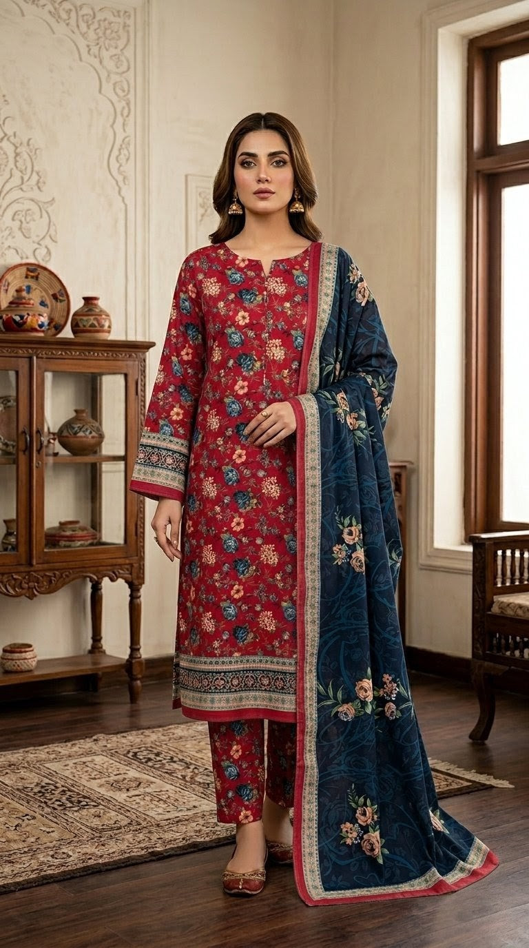 Crimson Red Suit with Navy Blue Dupatta