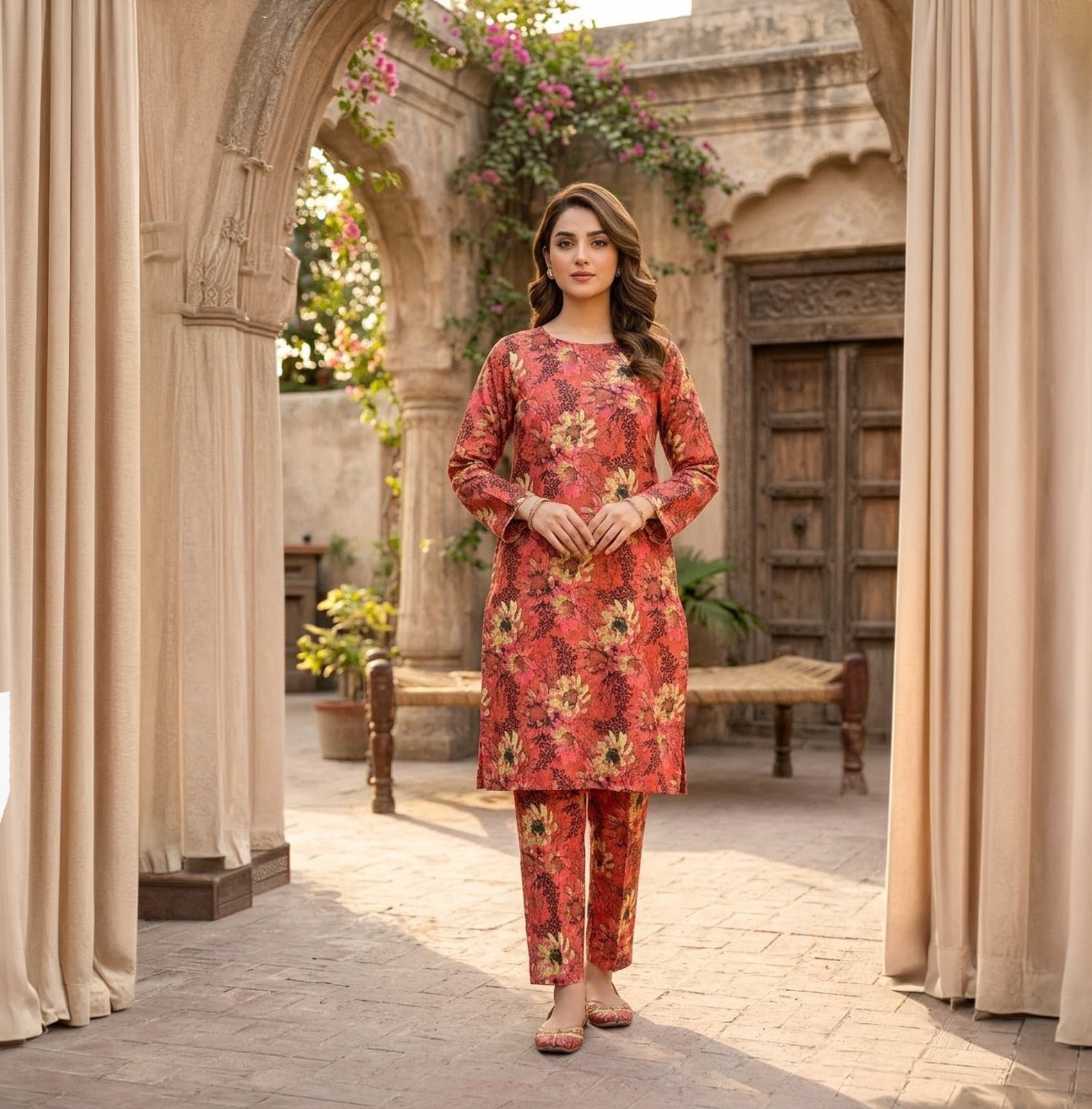 Printed 2-Piece Suit - Peach Mustard Geometric