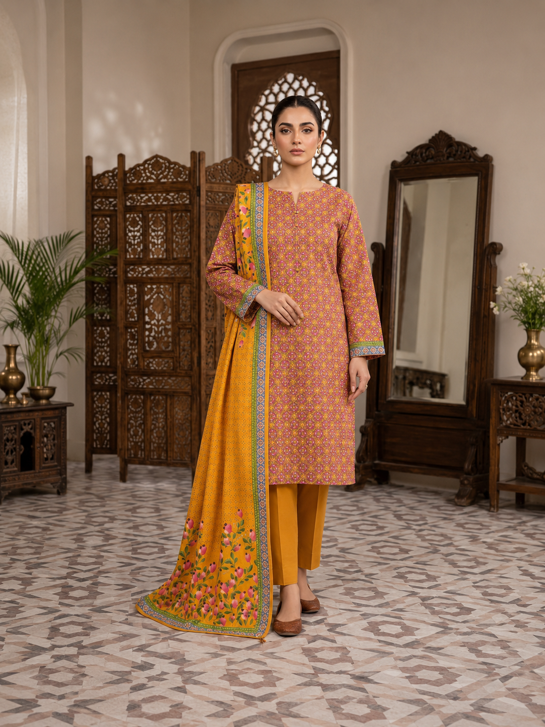 Golden Petal Printed Lawn 3-Piece Suit with Floral Dupatta
