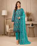 Turquoise Blossom Printed Lawn 3-Piece Suit with Striped Dupatta
