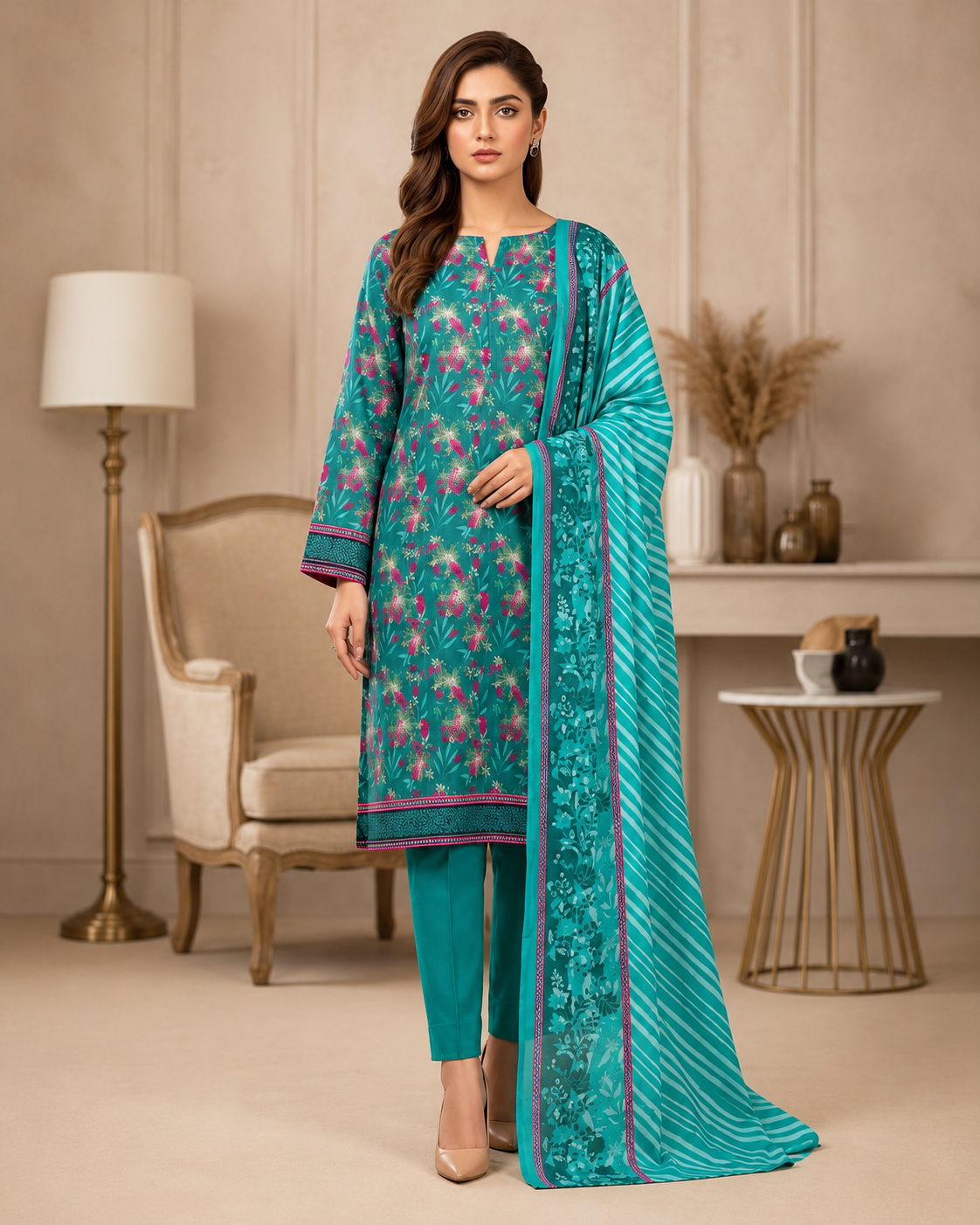 Turquoise Blossom Printed Lawn 3-Piece Suit with Striped Dupatta