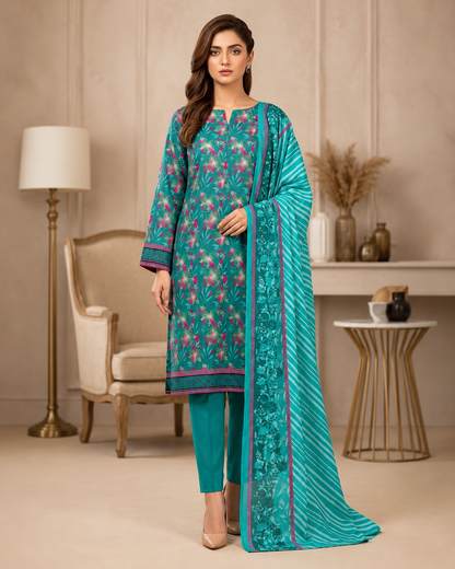 Turquoise Blossom Printed Lawn 3-Piece Suit with Striped Dupatta