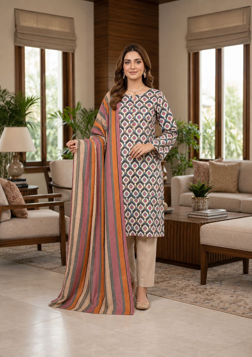 Bohemian Mosaic Printed 3-Piece Lawn Suit with Striped Dupatta